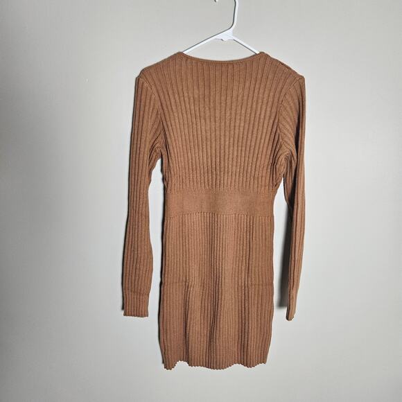 NWOT Light Brown Zipper Front Ribbed Mini Sweater Dress Sz Large - Picture 5 of 11